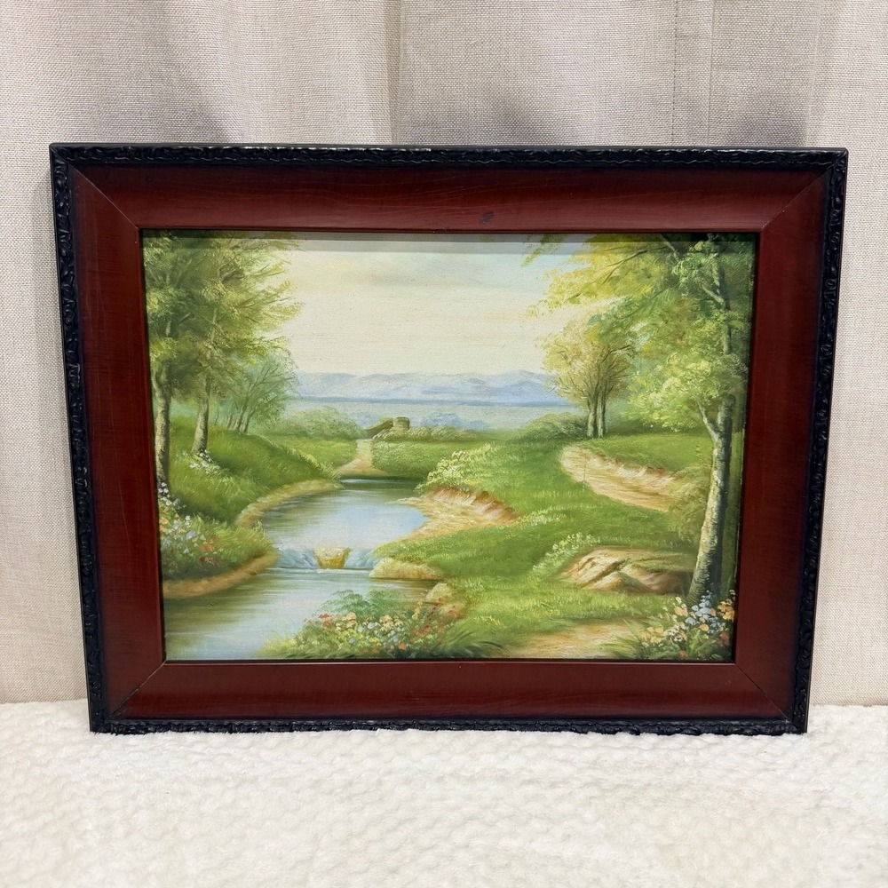 Vintage Framed Landscape Oil Painting of River, Stream and Mountains